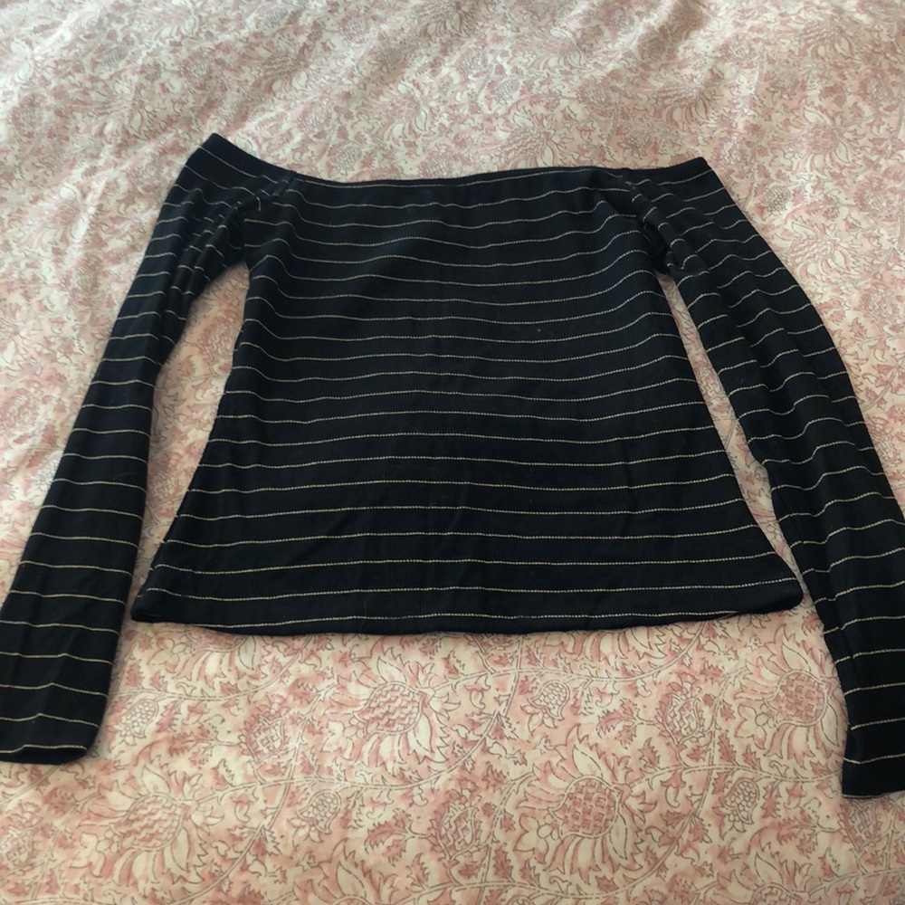 Gold stripe off the shoulder long sleeve top